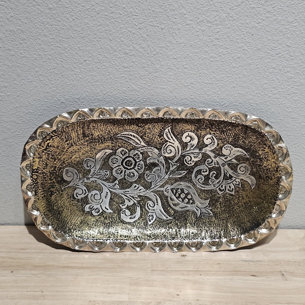 Mid Century Mesika HandMade Repousse/Chased Floral Copper/Brass/Silverplate Tray